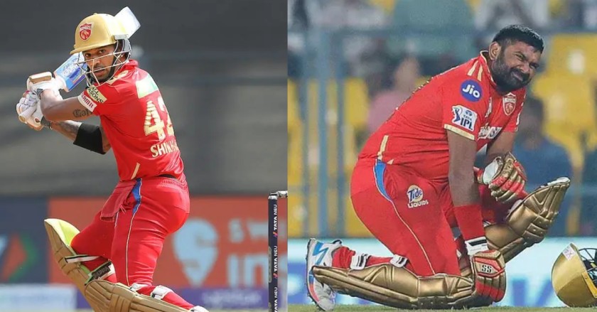 RR vs PBKS: Bhanuka Rajapaksa gets up after being struck by Shikhar Dhawan's shot.
